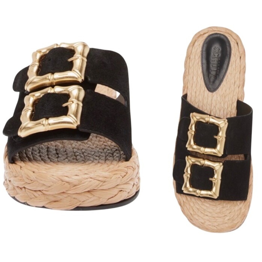 Schutz Enola Rope Platform Sandal Black Suede Gold Bamboo‎ Buckle Womens 7.5B